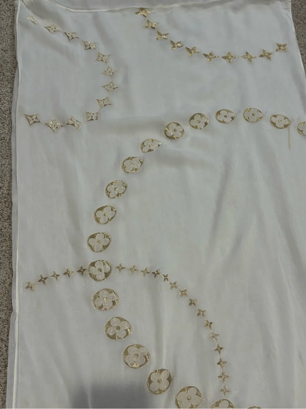 LOUIS VUITTON LV Monogram Ivory Gold Shiny Silk Scarf Shawl Wrap Stole 185 70’